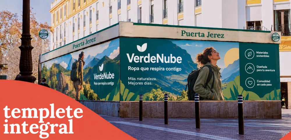 Templete integral de la estación de metro Puerta Jerez rotulado con publicidad