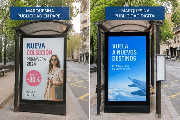 Comparativa de publicidad en papel frente a formato digital en marquesinas